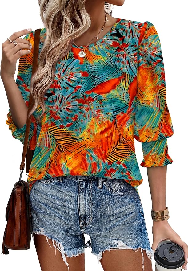 XIEERDUO Blouses for Women Dressy Casual 3/4 Length Sleeve Womens Tops with Smocked Cuffs