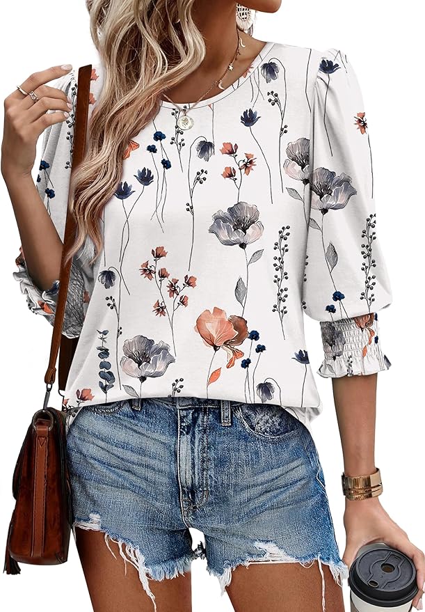 XIEERDUO Blouses for Women Dressy Casual 3/4 Length Sleeve Womens Tops with Smocked Cuffs