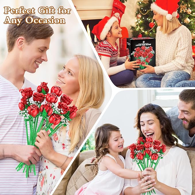 Sopu Red Rose Bouquet Building Set, 960PCS Roses Artificial Flowers Botanical Collection for Dinner Table Home Decor, Valentines Day Gifts for Her Him Valentines Flower Decorations