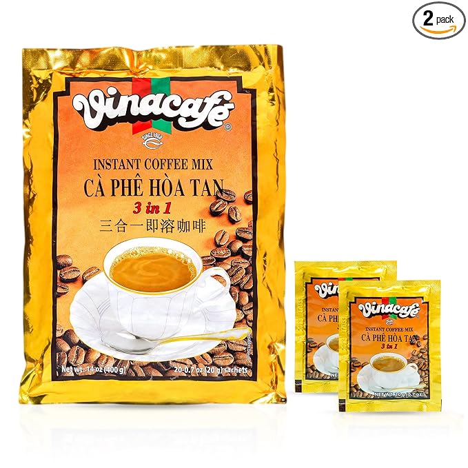 Vinacafe Instant Coffee Packets 3 in 1 Authentic Vietnamese Taste, Balanced Medium Roast Coffee Mix for Quick Preparation at Home, Office or Travel, Single Serve Sachets (Pack of 2 | 20 Sachets Per Bag)