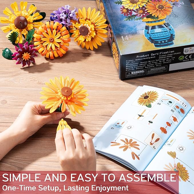 Sunflower Bouquet Building Blocks w/ Vase Set, 1065 PCS Botanical Collection Valentine Birthday Gifts for Adult Women Her Him Mom Teenage, Artificial Flower Home Decor Stocking Stuffers for Teen Girls