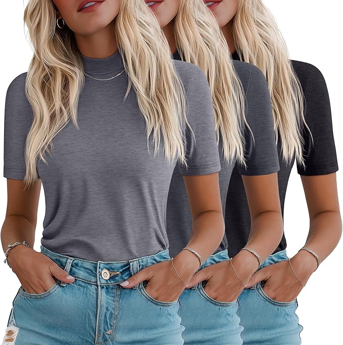 Ficerd 3 Pack Women's 1/2 Sleeve Mock Turtleneck Shirts, Elbow Length Shirt Half Sleeve Tunic Top Casual Summer Basic Tees