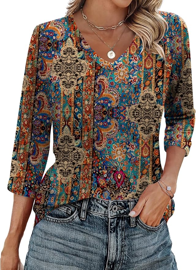 Zeagoo 3/4 Length Sleeve Womens Tops Casual V Neck Shirts Soft Basic Tees Business Work Blouses