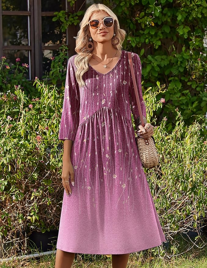 ZEAGOO 3/4 Sleeve Women's Dress Casual Flowy A-Line Midi Tshirt Dresses with Pocket Empire Waist Summer Boho Beach Sundress
