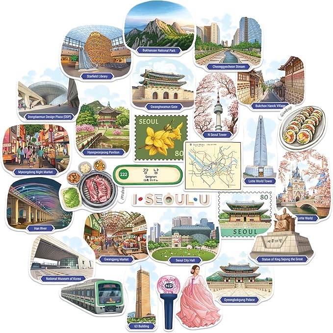 Navy Peony Energetic Seoul Travel Stickers (28pcs)-Gouache, Spring, South Korea, Korean City-Themed Vacation Stickers for Scrapbooks, Journals