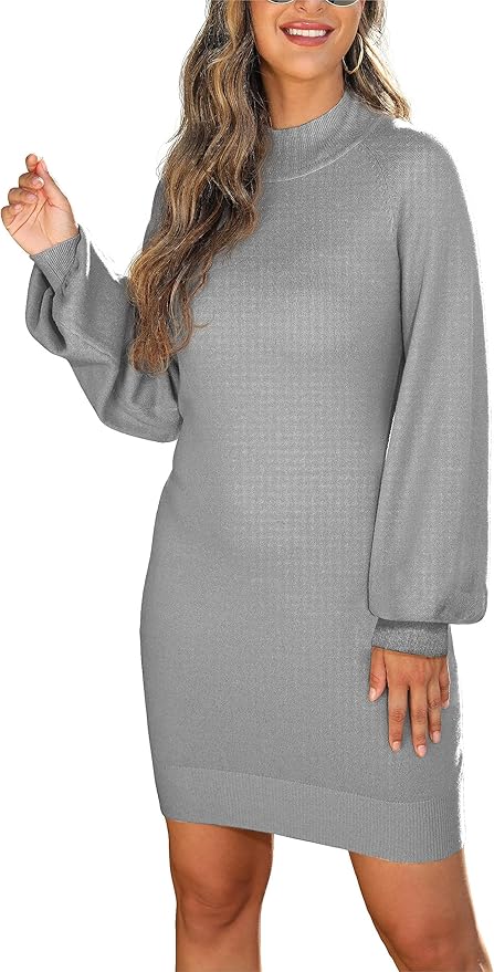 GRECERELLE 2026 Women's Mock Neck Ribbed Long Sleeve Bodycon Pullover Cute Mini Sweater Dress (XS-2XL)
