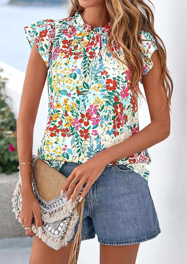 PRETTYGARDEN Women's Ruffle Short Sleeve Summer Tops 2026 Trendy Floral Trim Neck Casual Dressy Chiffon Boho Blouses Shirts