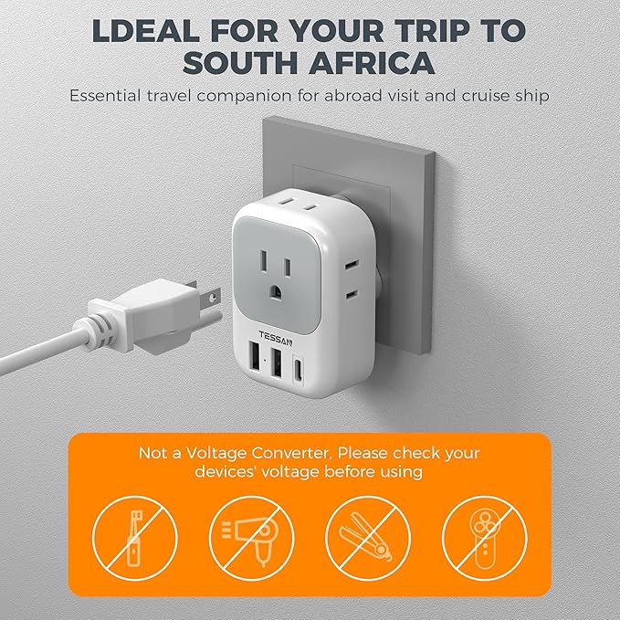 South Africa Plug Adapter 2 Pack, TESSAN Type M Power Adapter with 4 AC Outlets 3 USB Ports(1 USB C), Travel Adaptor US to Botswana Namibia Nepal Bhutan