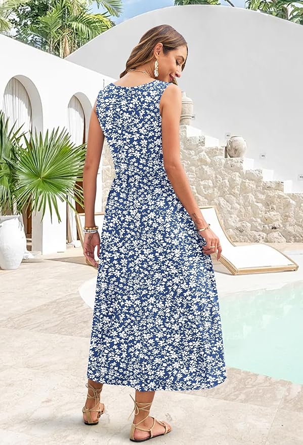 WNEEDU Women's Summer Maxi Dress 2026 Casual Sleeveless Hawaiian Sundress Tropical Long Dress Beach Vacation Outfit