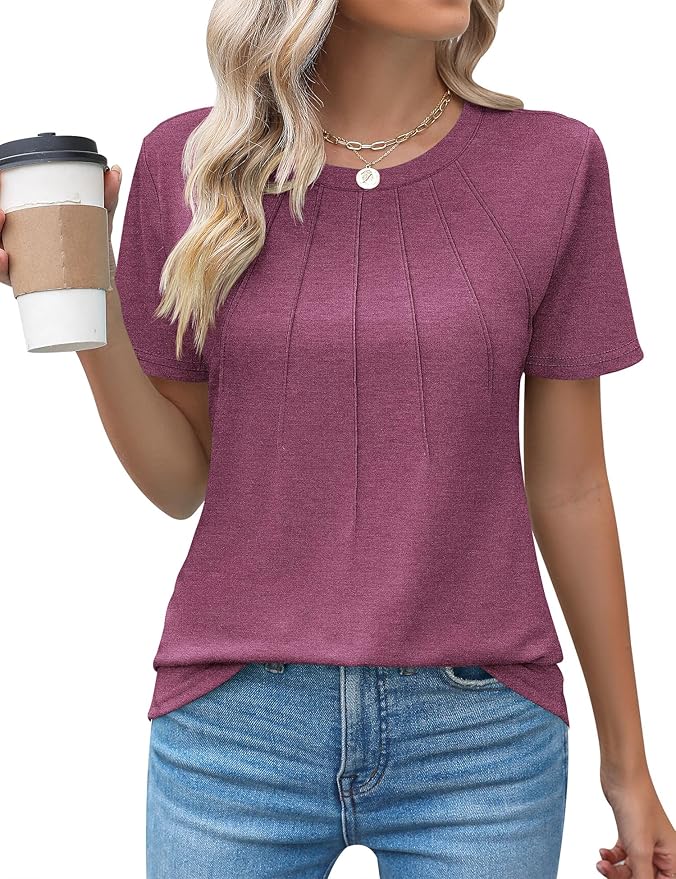 Kistore Womens Casual Crew Neck Short Sleeve Pleated Tops Blouses Fashion Clothes 2026