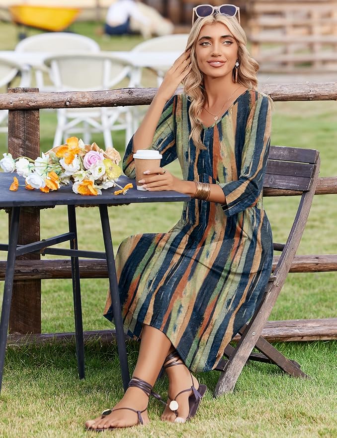 ZEAGOO 3/4 Sleeve Women's Dress Casual Flowy A-Line Midi Tshirt Dresses with Pocket Empire Waist Summer Boho Beach Sundress