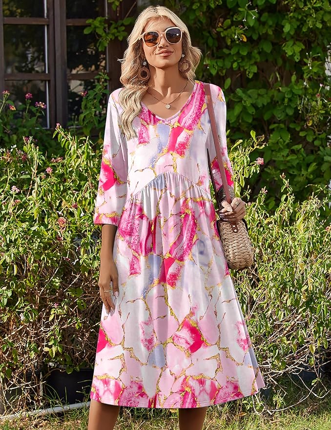 ZEAGOO 3/4 Sleeve Women's Dress Casual Flowy A-Line Midi Tshirt Dresses with Pocket Empire Waist Summer Boho Beach Sundress