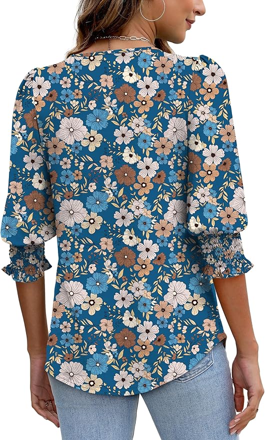 XIEERDUO Blouses for Women Dressy Casual 3/4 Length Sleeve Womens Tops with Smocked Cuffs