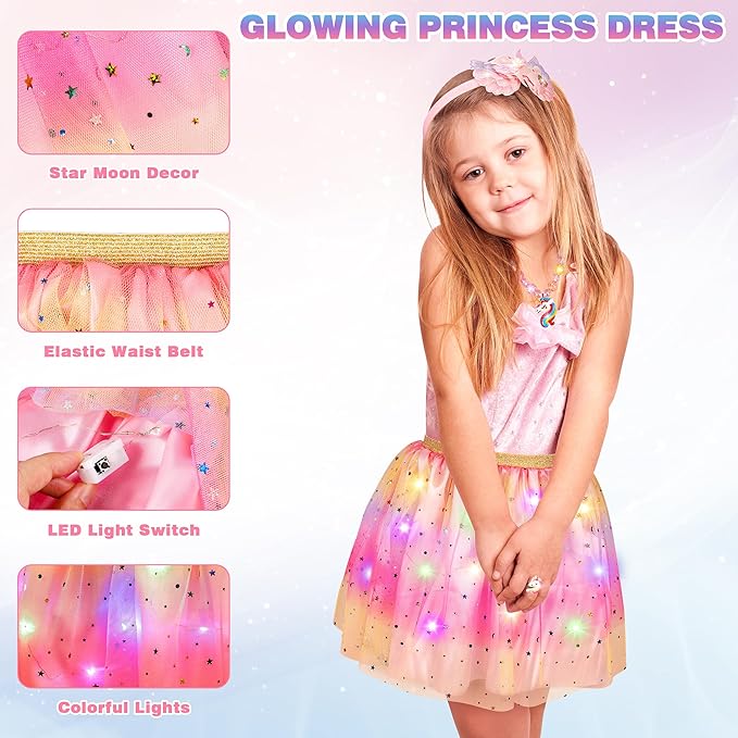 LJZJ Princess Dress Up for Girls, Toddler Toys for Ages 3-8, 3 PCS Light Up Toddler Dress Up Clothes with Accessories, Kids Toys for 3 4 5 6 7 8 years Girl Christmas Halloween Birthday Gift