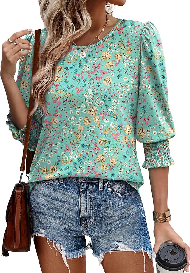 XIEERDUO Blouses for Women Dressy Casual 3/4 Length Sleeve Womens Tops with Smocked Cuffs