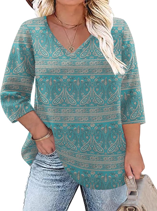 TFSDOD Womens Plus Size Tops V Neck T Shirts 3/4 Sleeve Blouse Summer Casual Tees XL-5X