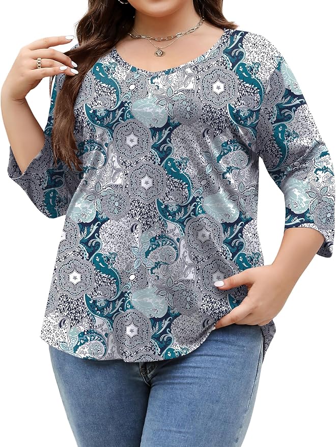 TFSDOD Womens Plus Size Tops V Neck T Shirts 3/4 Sleeve Blouse Summer Casual Tees XL-5X