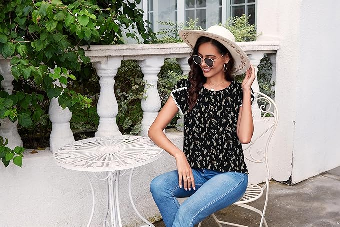 TASAMO Women's Casual Round Neck Basic Pleated Top Cap Sleeve Curved Keyhole Back Chiffon Blouse