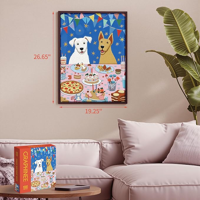 Graphinee Jigsaw Puzzles for Adults 1000 Pieces, Dog Birthday Party Puzzle, Colorful as Home Wall Decor for Family Challenging Games