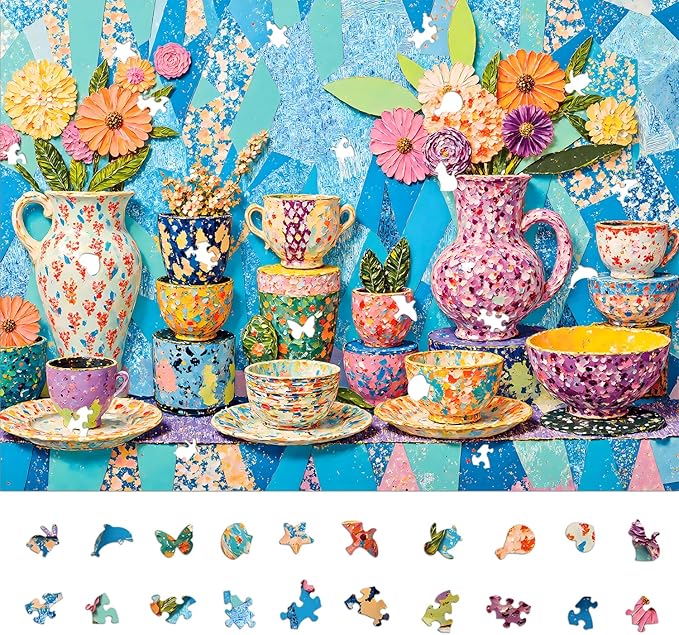 Naturelish Vibrant Teapot Ceramic Collage Jigsaw Puzzles for Adults 1000 Pieces, Irregularly Shaped Difficult Puzzles Perfect for Game Night, Great Gift Idea, Size 26.65 x 19.25 in