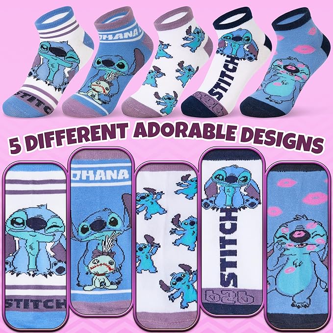 Disney Stitch Ankle Socks for Women, Teens US Size 4–9, Pack of 5 Casual Ladies Socks, Gifts for Her