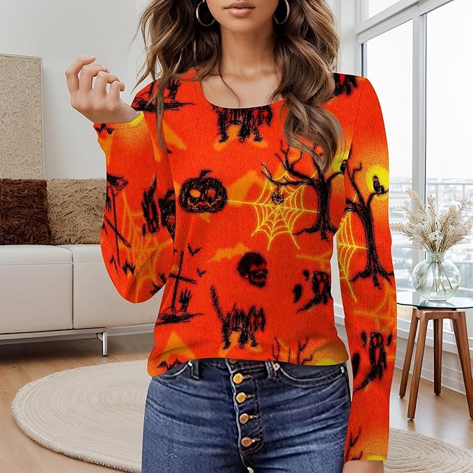 domirica Halloween Sweatshirts For Women Cute Pullover Fall Long Sleeve Pullover U-Neck Halloween Crazy Party Club Clothes
