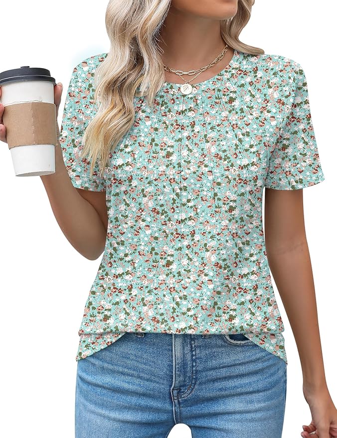 Kistore Womens Casual Crew Neck Short Sleeve Pleated Tops Blouses Fashion Clothes 2026