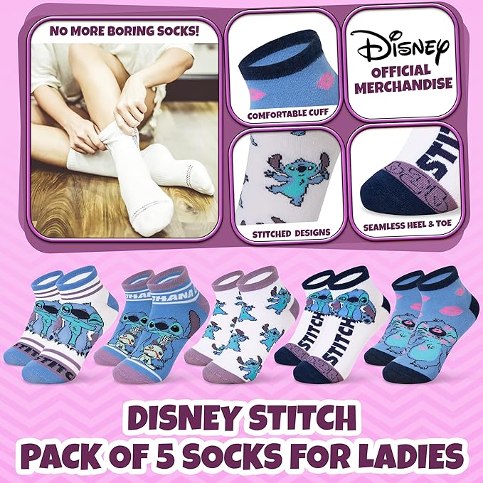 Disney Stitch Ankle Socks for Women, Teens US Size 4–9, Pack of 5 Casual Ladies Socks, Gifts for Her