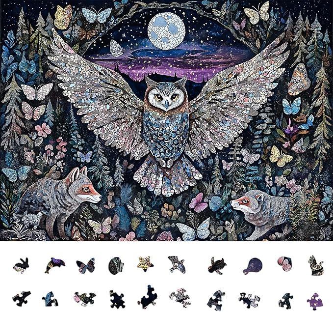 Naturelish Glow-in-The-Dark Owl Puzzles for Adults 1000 Pieces, Difficult Challenging Unique Puzzle for Adults,6 Colors on Back Jigsaw Puzzles, Size 26.6x19.2