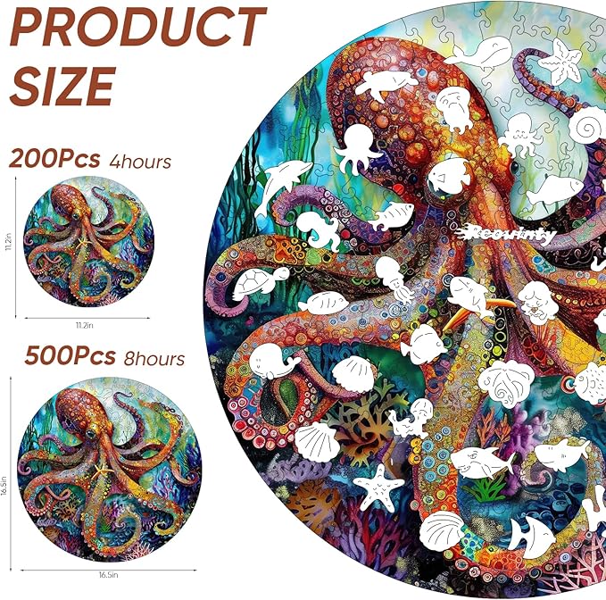 Reouinty Wooden Puzzle, Octopus Ocean Jigsaw Puzzles 200 Piece, Wood Adult Puzzle, Unique Animal Adult Puzzles Piece, Best Gift for Family Game 11.2x11.2 in