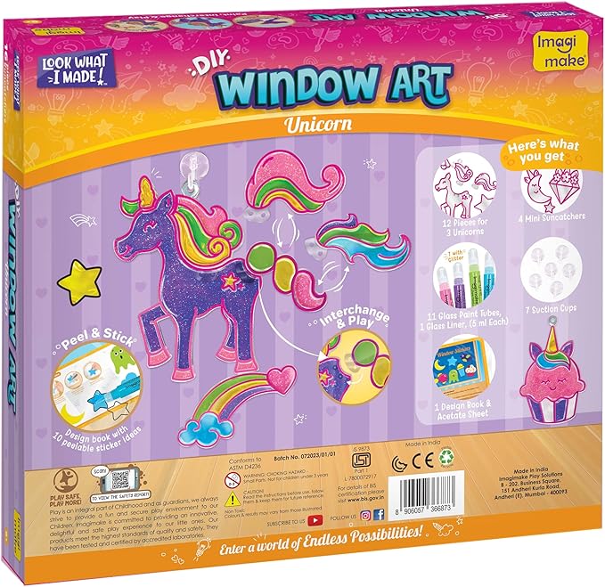Imagimake Window Art Unicorn | Stained Glass Kit | Unicorn Girls Toys Age 6-8 | 6 Year Old Girl Birthday Gift | Art and Crafts for Girls 8-12 | DIY Suncatcher Kit for 5,6,7,8,9,10,11,12 Year Old Kids