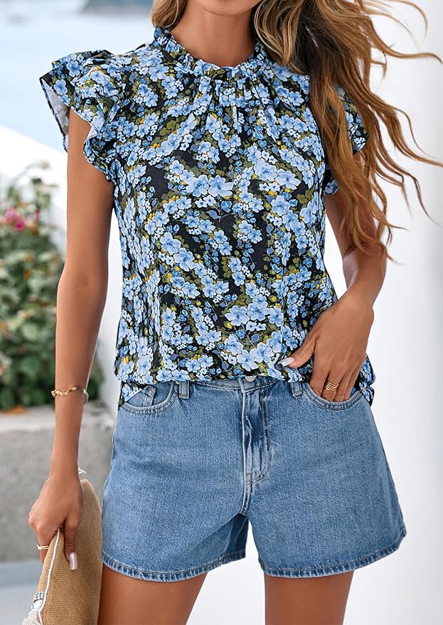 PRETTYGARDEN Women's Ruffle Short Sleeve Summer Tops 2026 Trendy Floral Trim Neck Casual Dressy Chiffon Boho Blouses Shirts