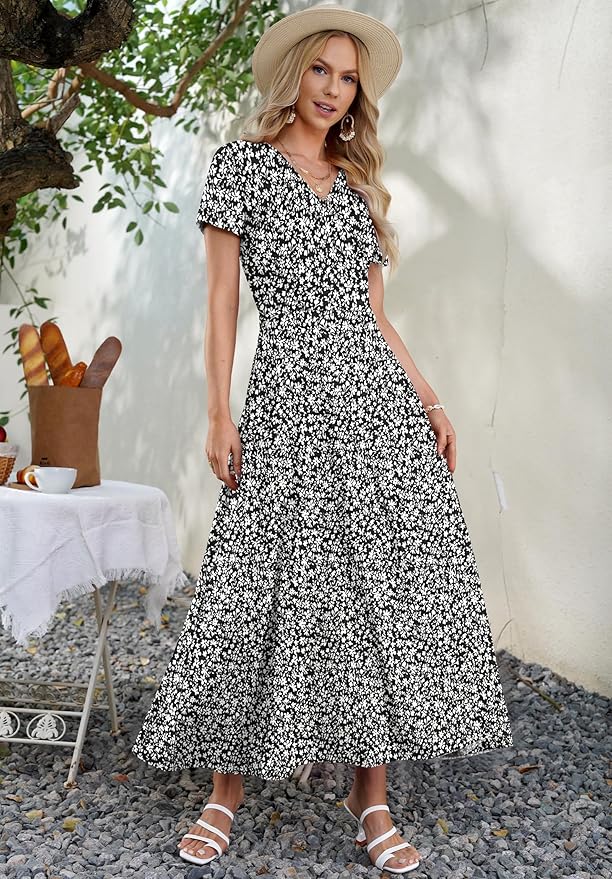 AUSELILY Maxi Dresses for Women Ankle Length Floral Print Beach Long Flowy Dress with Pockets
