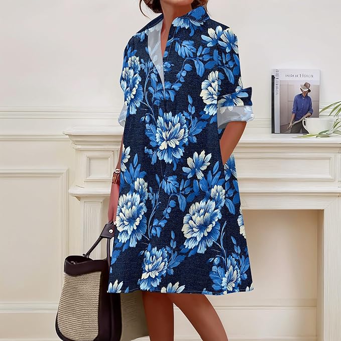 Shirt Dresses for Women 2025 Summer Long Sleeve Casual Plus Size Floral Printed Beach Vacation Dress with Pockets