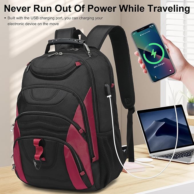 Boavan Laptop Backpack for men, 17.3 inch Laptop Bag with USB Port, Waterproof Travel Work Backpack Purse, Anti-Theft Teacher Nurse Doctor Casual Bookbags Office Business backpack，Black&Russet Red