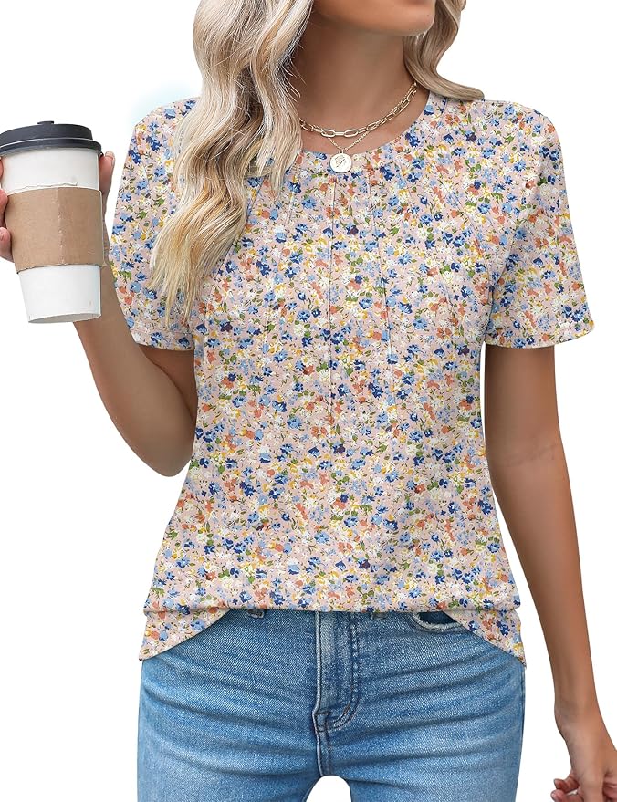 Kistore Womens Casual Crew Neck Short Sleeve Pleated Tops Blouses Fashion Clothes 2026