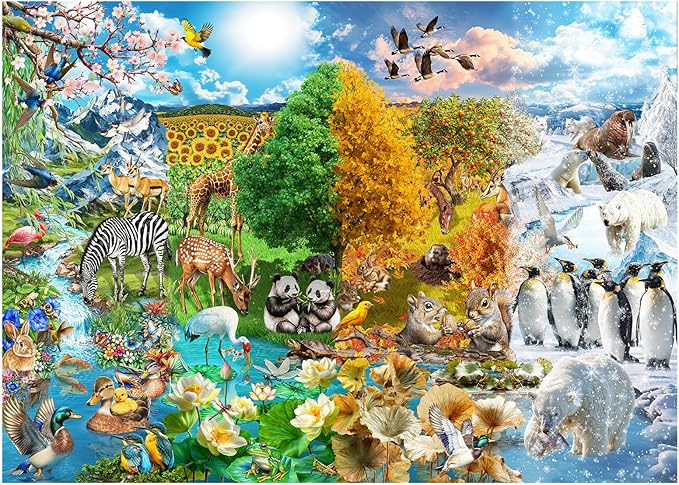 Naturelish Jigsaw Puzzle for Adults 1000 Pieces, Four Seasons Scenery with Different Animals, Colorful Landscape Nature Scene Art Puzzle, Challenging Game for Family Friends Display, 20x27 Inches