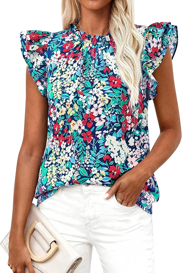 PRETTYGARDEN Women's Ruffle Short Sleeve Summer Tops 2026 Trendy Floral Trim Neck Casual Dressy Chiffon Boho Blouses Shirts