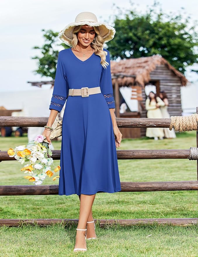 Zeagoo Women's Dresses 3/4 Sleeve Summer Casual V-Neck A Line Flowy Eyelet Midi Dress for Women Beach Vacation Sundress