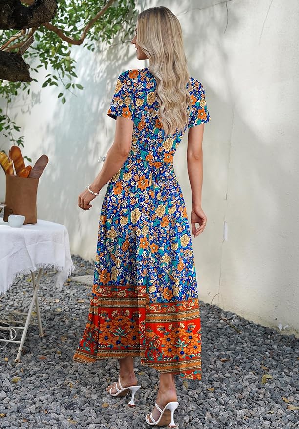 AUSELILY Maxi Dresses for Women Ankle Length Floral Print Beach Long Flowy Dress with Pockets