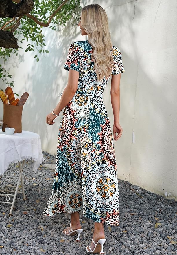 AUSELILY Maxi Dresses for Women Ankle Length Floral Print Beach Long Flowy Dress with Pockets