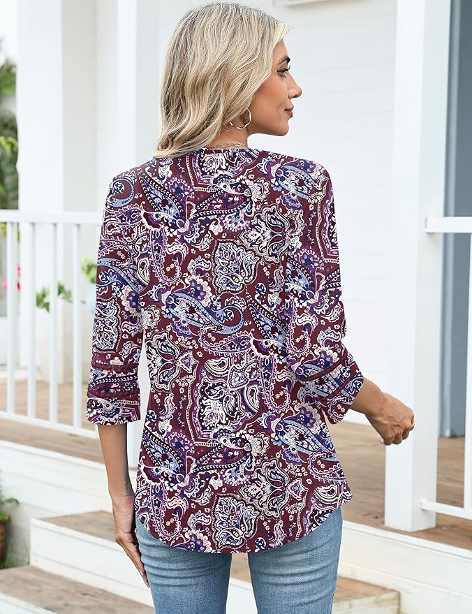 Ivicoer 3/4 Length Sleeve Womens Tops V Neck Lace Embroidered Summer Blouses Loose Fit Tunic Dressy Casual