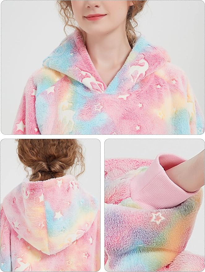 Glow in The Dark Wearable Blanket Hoodie for Adults Sherpa All Patterns Oversized Sweatshirt Blanket with Pockets Cute Gifts for Women Rainbow