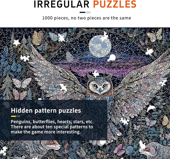 Naturelish Glow-in-The-Dark Owl Puzzles for Adults 1000 Pieces, Difficult Challenging Unique Puzzle for Adults,6 Colors on Back Jigsaw Puzzles, Size 26.6x19.2