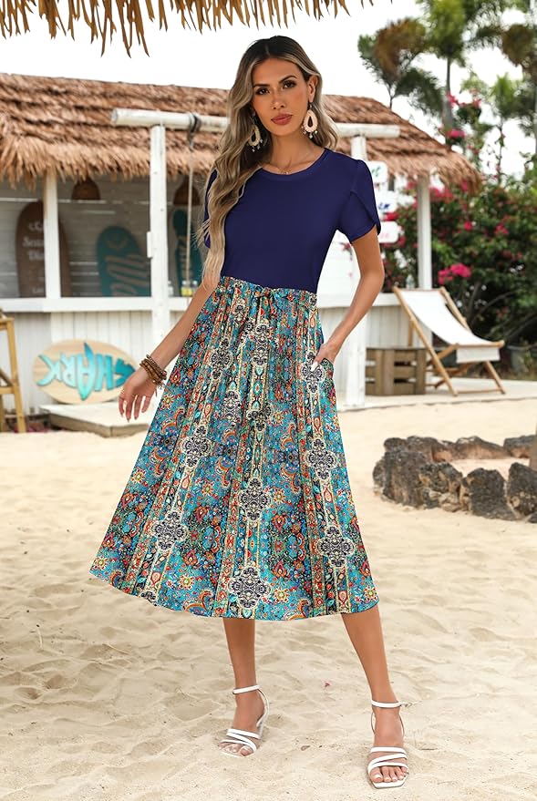 Zeagoo Womens Midi Dress Summer Short Sleeve Dress with Pockets 2025 Casual Floral T-Shirt Dress Flowy Beach Sundress