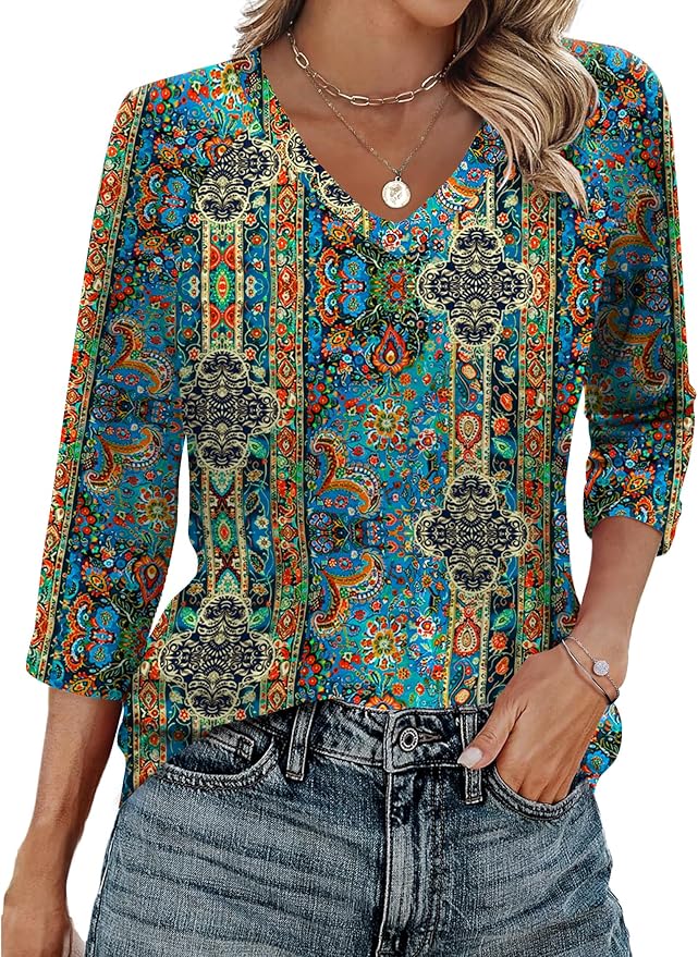 Zeagoo 3/4 Length Sleeve Womens Tops Casual V Neck Shirts Soft Basic Tees Business Work Blouses