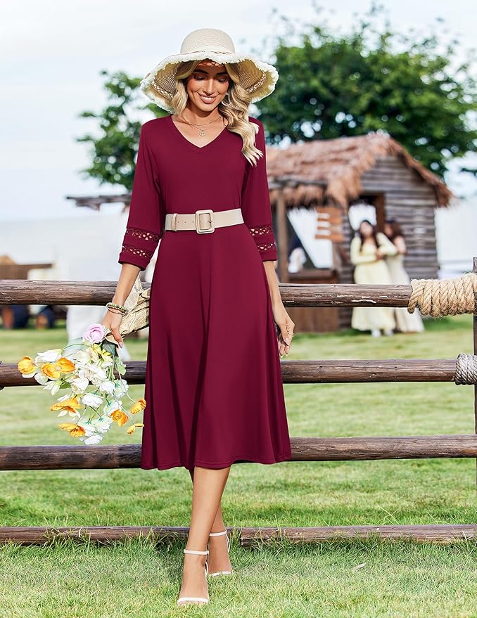 Zeagoo Women's Dresses 3/4 Sleeve Summer Casual V-Neck A Line Flowy Eyelet Midi Dress for Women Beach Vacation Sundress
