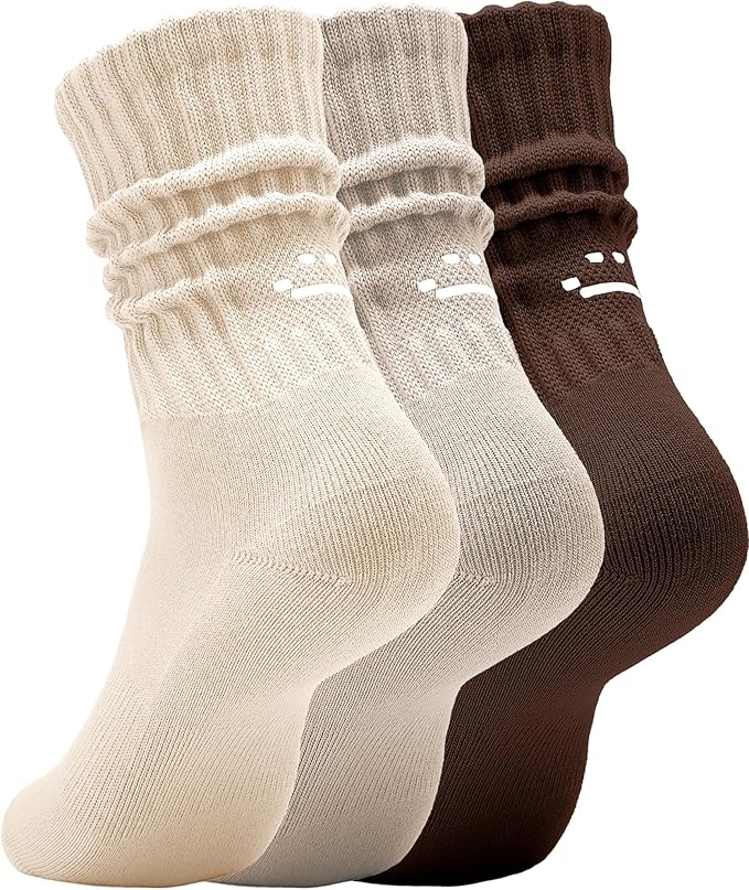 AugRing Women's Cute Scrunch Slouch Crew Socks 3Pack Retro Kawaii Chunky Ribbed Cotton Boot Sneaker Cozy Calf Socks Size 5–11