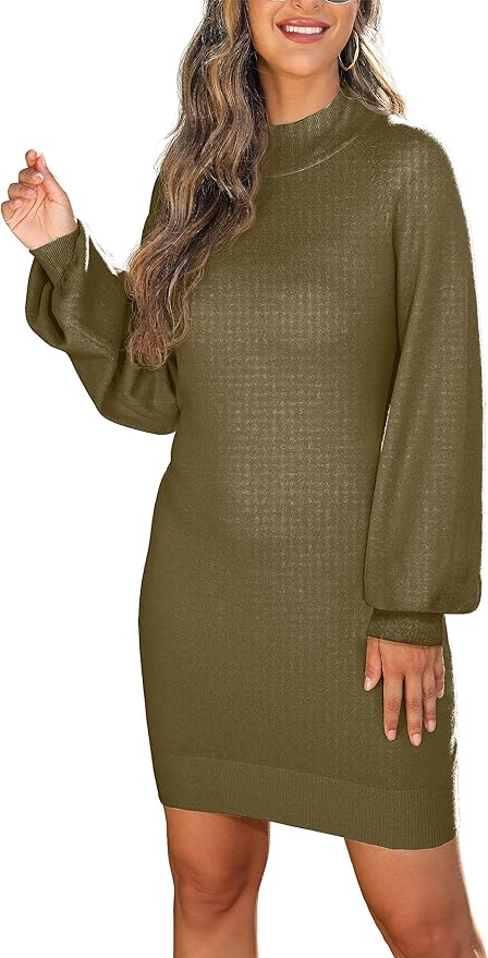 GRECERELLE 2026 Women's Mock Neck Ribbed Long Sleeve Bodycon Pullover Cute Mini Sweater Dress (XS-2XL)