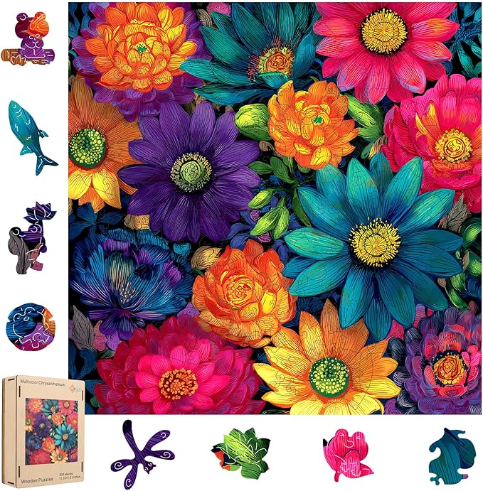 MEATRN Multicolor Chrysanthemum Wooden Puzzles for Adults 200 Pcs, 11.2x11.2 in, Fun Educational Wood Puzzle, Handmade Decorative Gift, Relaxing Wood Puzzle Game for Family